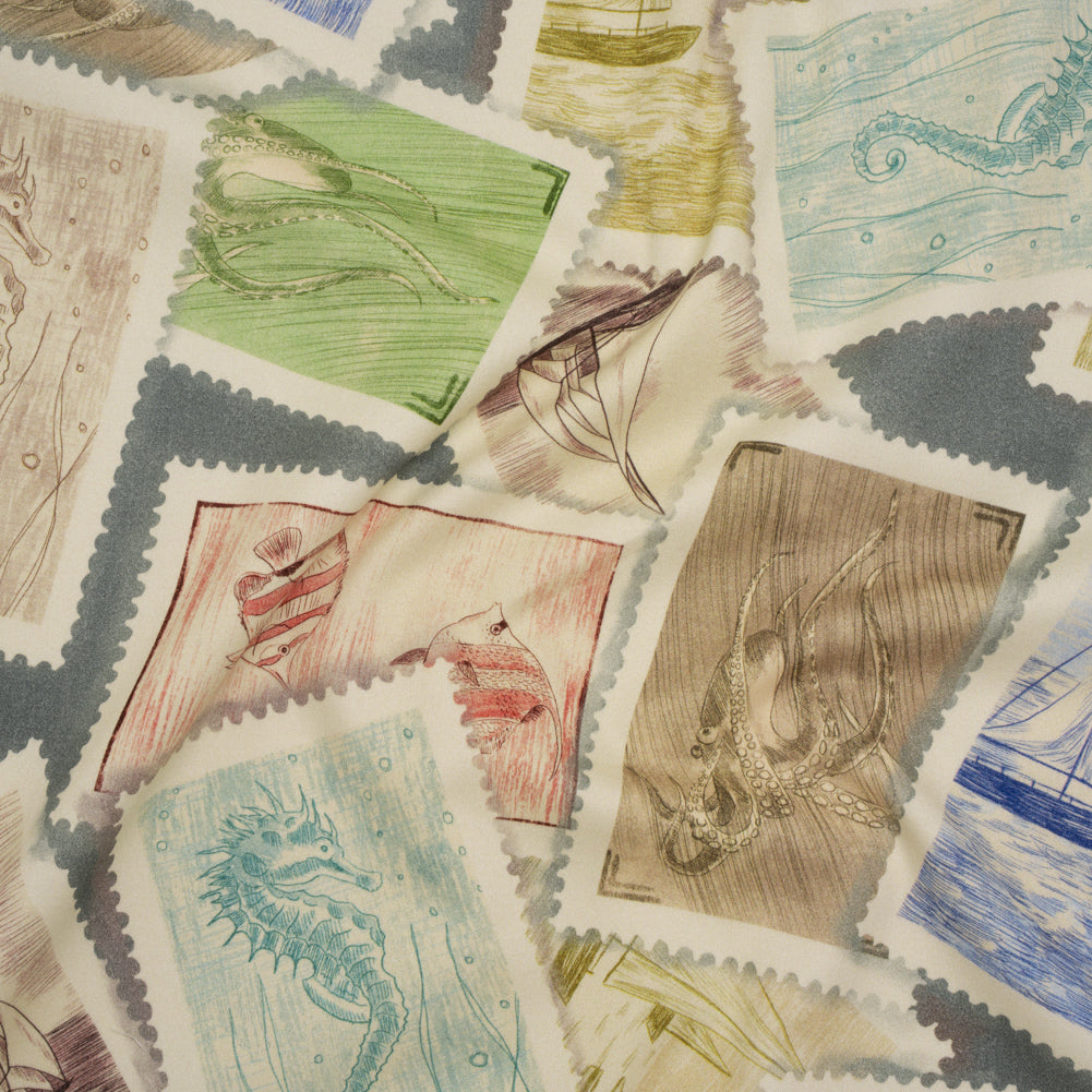 Brushed Cotton Woven - Blue, Green and Beige Ocean Scene Stamp Collection - Mood Exclusive Seaside Stamps Print Brushed Cotton Woven - Blue, Green and Beige Ocean Scene Stamp Collection - Mood Exclusive Seaside Stamps Print