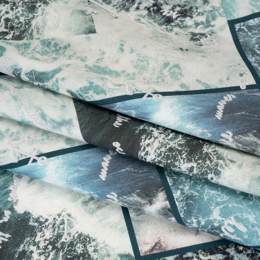 Brushed Cotton Woven - Blue and Gray Ocean Waves Collage - Mood Exclusive Currents & Cursive Print Brushed Cotton Woven - Blue and Gray Ocean Waves Collage - Mood Exclusive Currents & Cursive Print