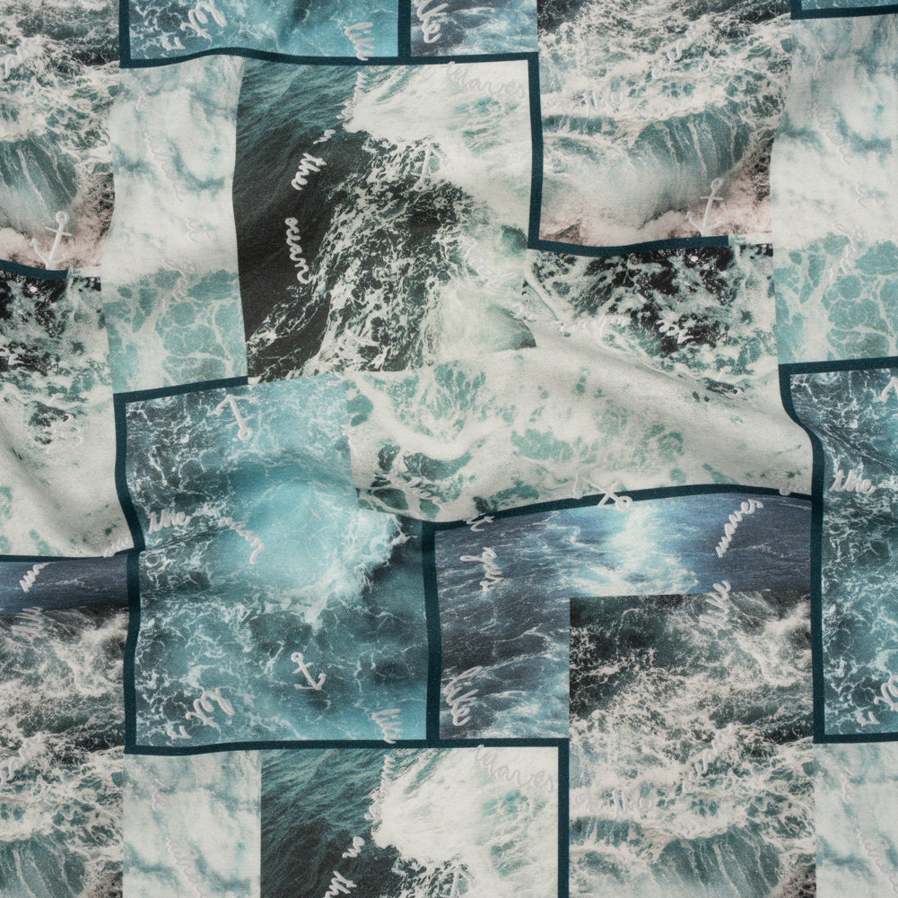 Brushed Cotton Woven - Blue and Gray Ocean Waves Collage - Mood Exclusive Currents & Cursive Print Brushed Cotton Woven - Blue and Gray Ocean Waves Collage - Mood Exclusive Currents & Cursive Print