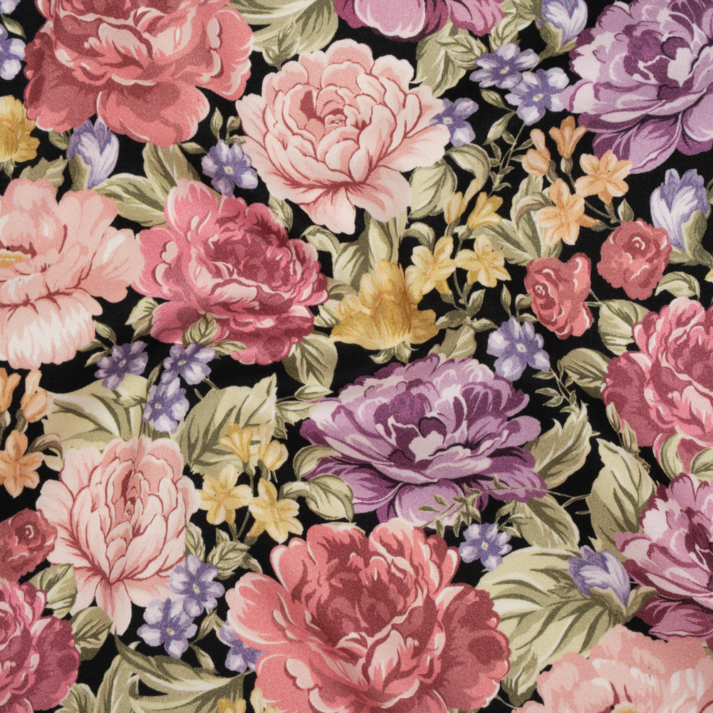 Brushed Cotton Woven - Rose Pink, Purple and Black Blooming Flowers -