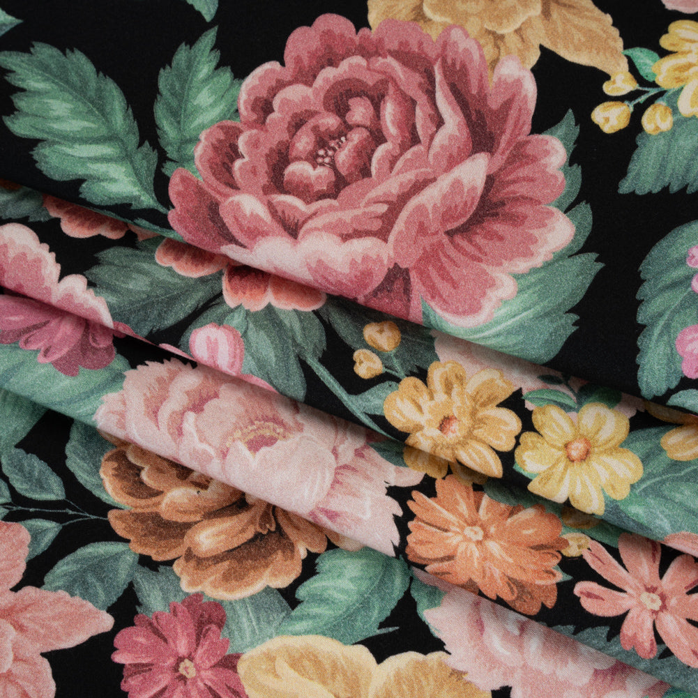 Brushed Cotton Woven - Coral Pink, Yellow and Green Flowers on Black - Mood Exclusive Briar Lane Print - Folded Brushed Cotton Woven - Coral Pink, Yellow and Green Flowers on Black - Mood Exclusive Briar Lane Print - Folded