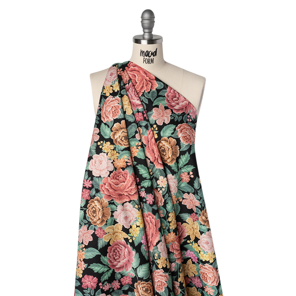 Brushed Cotton Woven - Coral Pink, Yellow and Green Flowers on Black - Mood Exclusive Briar Lane Print - Drape Brushed Cotton Woven - Coral Pink, Yellow and Green Flowers on Black - Mood Exclusive Briar Lane Print - Drape
