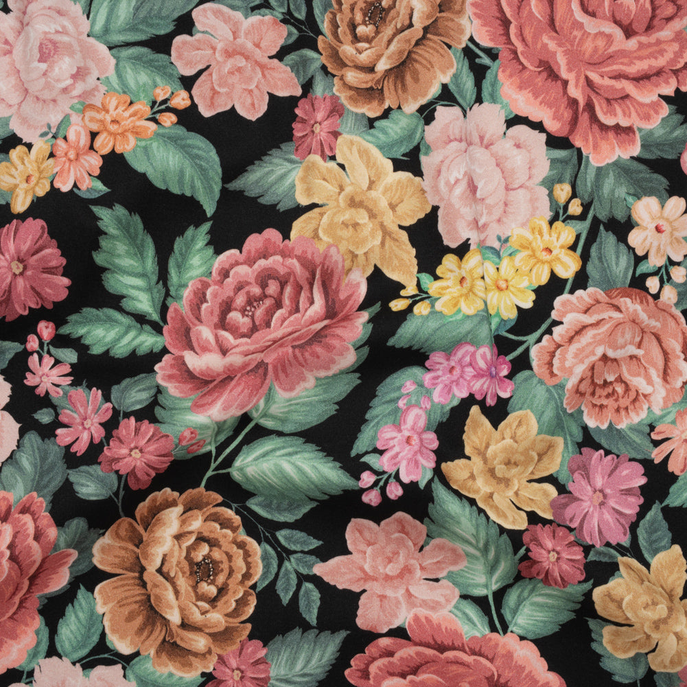Brushed Cotton Woven - Coral Pink, Yellow and Green Flowers on Black - Mood Exclusive Briar Lane Print Brushed Cotton Woven - Coral Pink, Yellow and Green Flowers on Black - Mood Exclusive Briar Lane Print