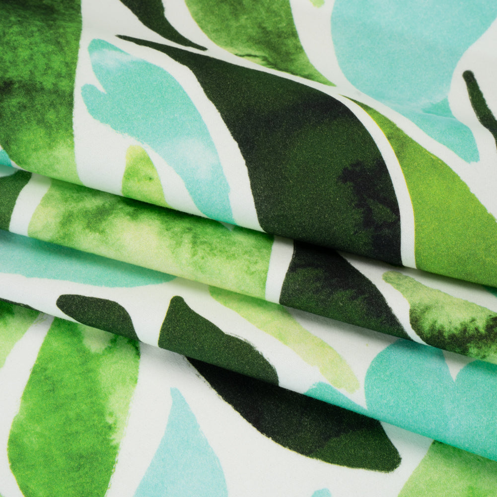 Brushed Cotton Woven - Aqua Blue, Lime and Forest Green Leaf Shapes - Mood Exclusive Watercolor Grove Print - Folded Brushed Cotton Woven - Aqua Blue, Lime and Forest Green Leaf Shapes - Mood Exclusive Watercolor Grove Print - Folded