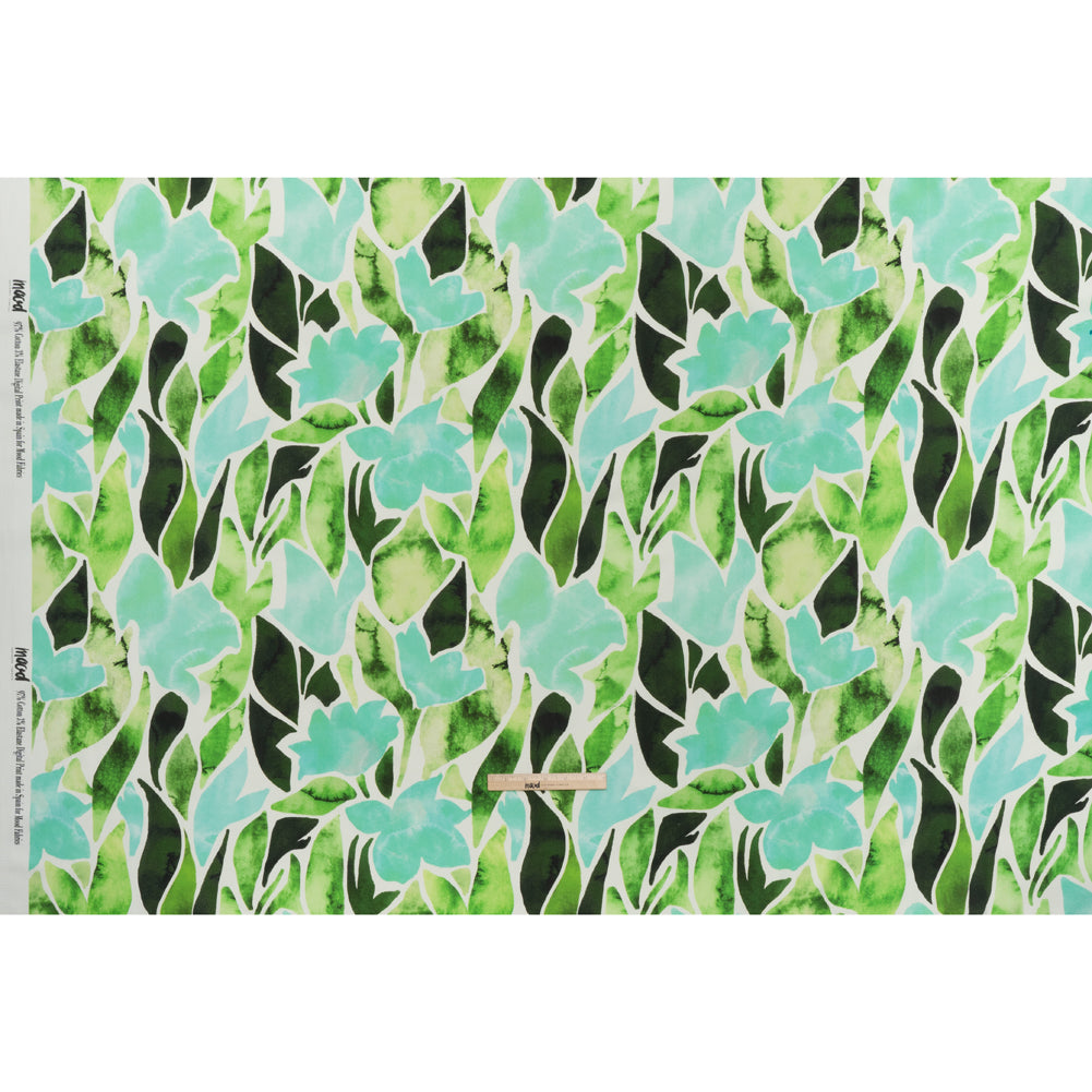 Brushed Cotton Woven - Aqua Blue, Lime and Forest Green Leaf Shapes - Mood Exclusive Watercolor Grove Print - Full Brushed Cotton Woven - Aqua Blue, Lime and Forest Green Leaf Shapes - Mood Exclusive Watercolor Grove Print - Full