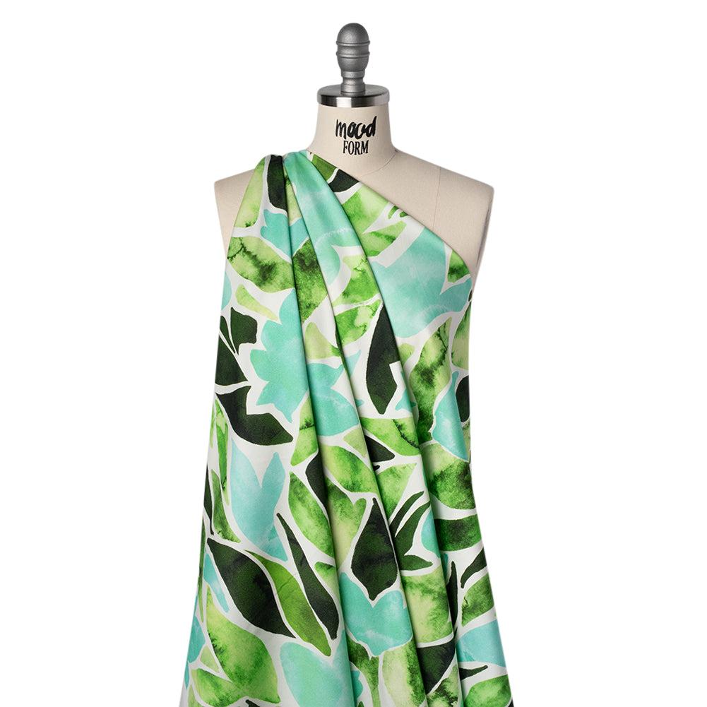 Brushed Cotton Woven - Aqua Blue, Lime and Forest Green Leaf Shapes - Mood Exclusive Watercolor Grove Print - Drape Brushed Cotton Woven - Aqua Blue, Lime and Forest Green Leaf Shapes - Mood Exclusive Watercolor Grove Print - Drape