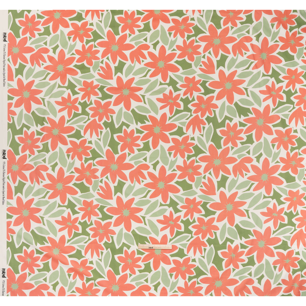 Brushed Cotton Woven - Coral Rose, Sage and Basil Green Flat Flowers - Mood Exclusive Bloom Block Print - Full Brushed Cotton Woven - Coral Rose, Sage and Basil Green Flat Flowers - Mood Exclusive Bloom Block Print - Full