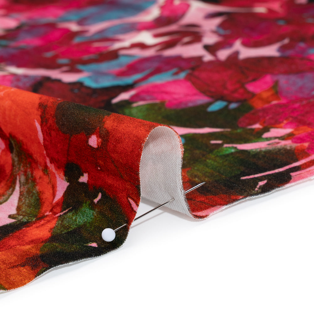 Brushed Cotton Woven - Fuchsia Pink, Red and Light Blue Striated Painted Flowers - Mood Exclusive Painter’s Bouquet Print - Detail Brushed Cotton Woven - Fuchsia Pink, Red and Light Blue Striated Painted Flowers - Mood Exclusive Painter’s Bouquet Print - Detail
