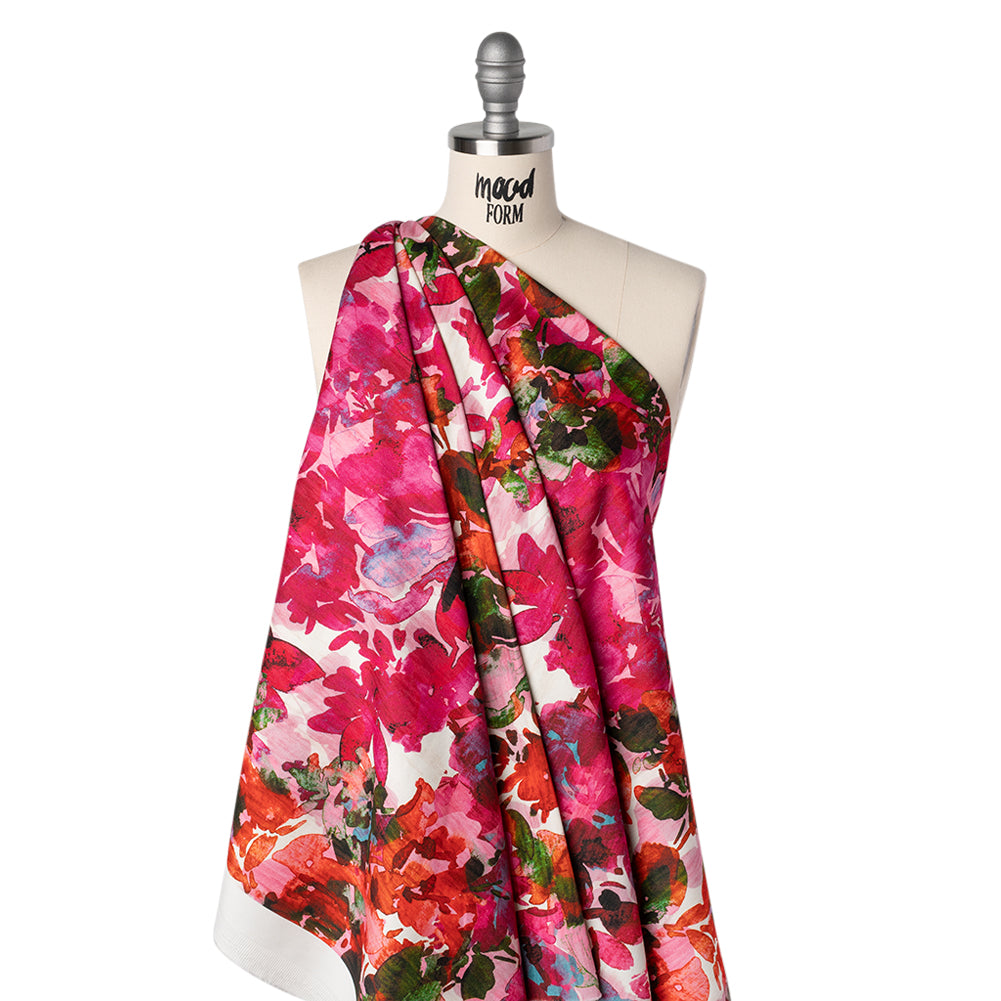 Brushed Cotton Woven - Fuchsia Pink, Red and Light Blue Striated Painted Flowers - Mood Exclusive Painter’s Bouquet Print - Drape Brushed Cotton Woven - Fuchsia Pink, Red and Light Blue Striated Painted Flowers - Mood Exclusive Painter’s Bouquet Print - Drape