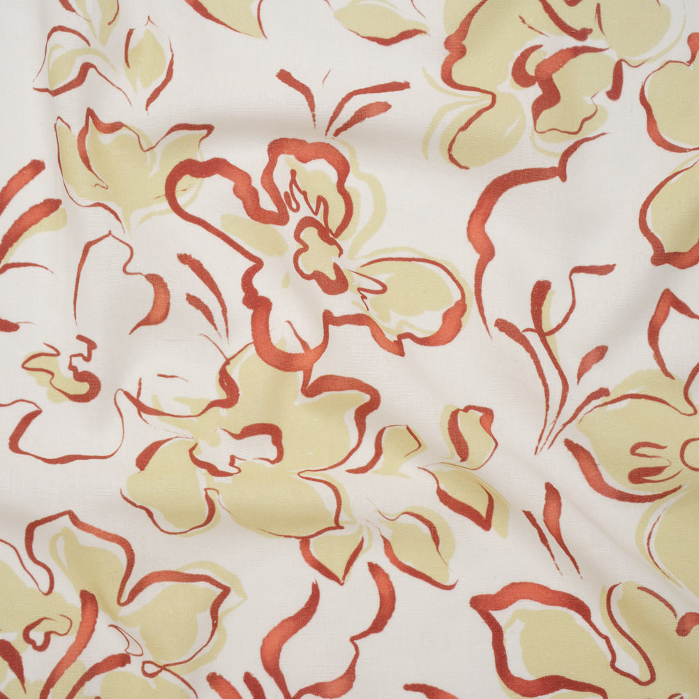 Linen and Rayon Woven - Pale Yellow, Muted Red and Off White Ink Brush Flowers - Mood Exclusive Pastel Botanica Print Linen and Rayon Woven - Pale Yellow, Muted Red and Off White Ink Brush Flowers - Mood Exclusive Pastel Botanica Print