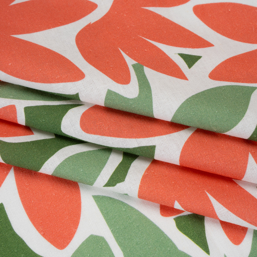 Linen and Rayon Woven - Coral Rose, Sage and Basil Green Flat Flowers - Mood Exclusive Flat Out Florals Print Folded Linen and Rayon Woven - Coral Rose, Sage and Basil Green Flat Flowers - Mood Exclusive Flat Out Florals Print Folded