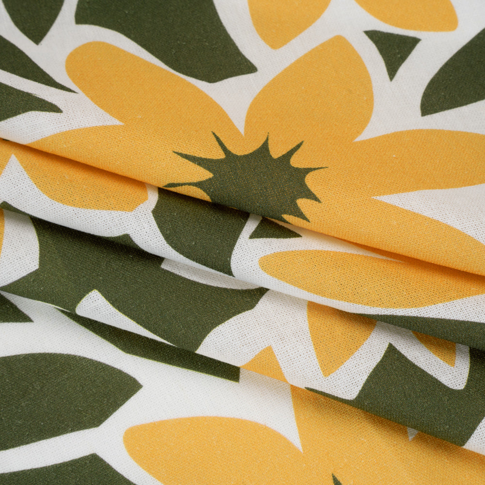 Linen and Rayon Woven - Sunny Yellow, Olive Green and White Flat Flowers - Mood Exclusive Flat Out Florals Print Folded Linen and Rayon Woven - Sunny Yellow, Olive Green and White Flat Flowers - Mood Exclusive Flat Out Florals Print Folded