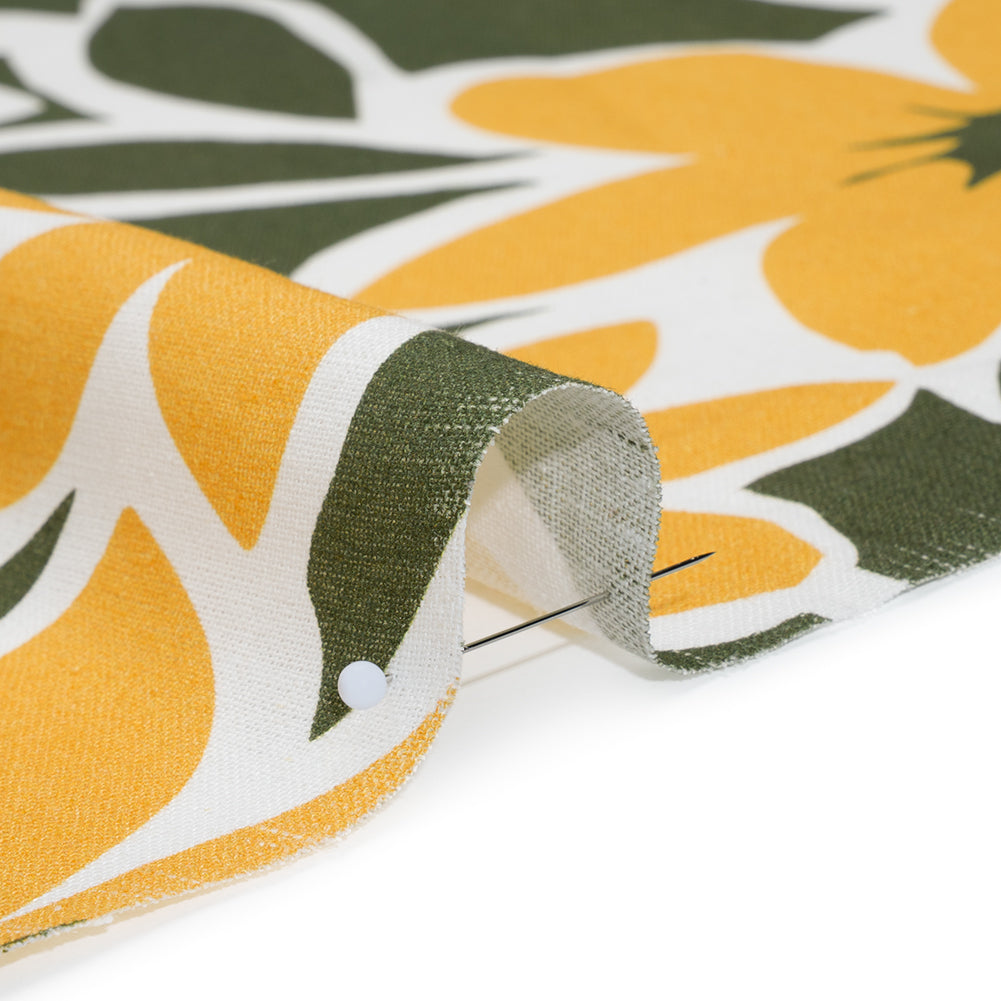 Linen and Rayon Woven - Sunny Yellow, Olive Green and White Flat Flowers - Mood Exclusive Flat Out Florals Print Detail Linen and Rayon Woven - Sunny Yellow, Olive Green and White Flat Flowers - Mood Exclusive Flat Out Florals Print Detail