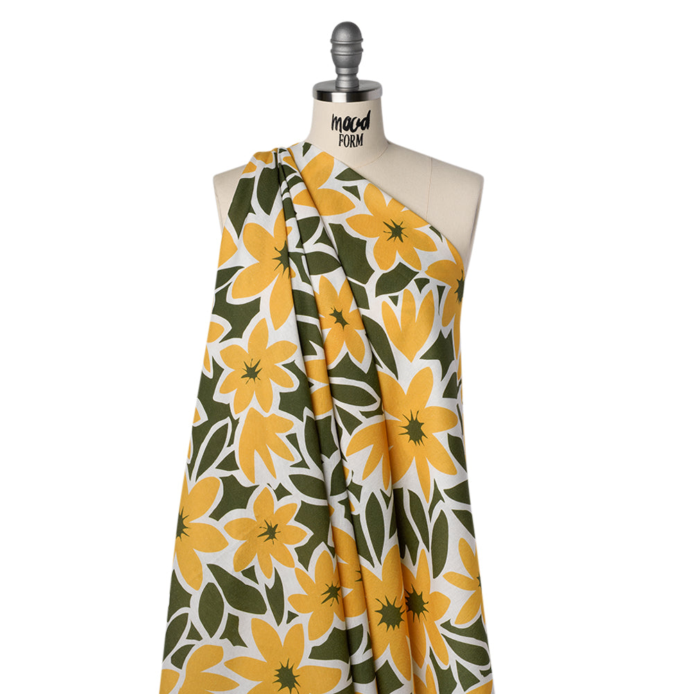 Linen and Rayon Woven - Sunny Yellow, Olive Green and White Flat Flowers - Mood Exclusive Flat Out Florals Print Drape Linen and Rayon Woven - Sunny Yellow, Olive Green and White Flat Flowers - Mood Exclusive Flat Out Florals Print Drape