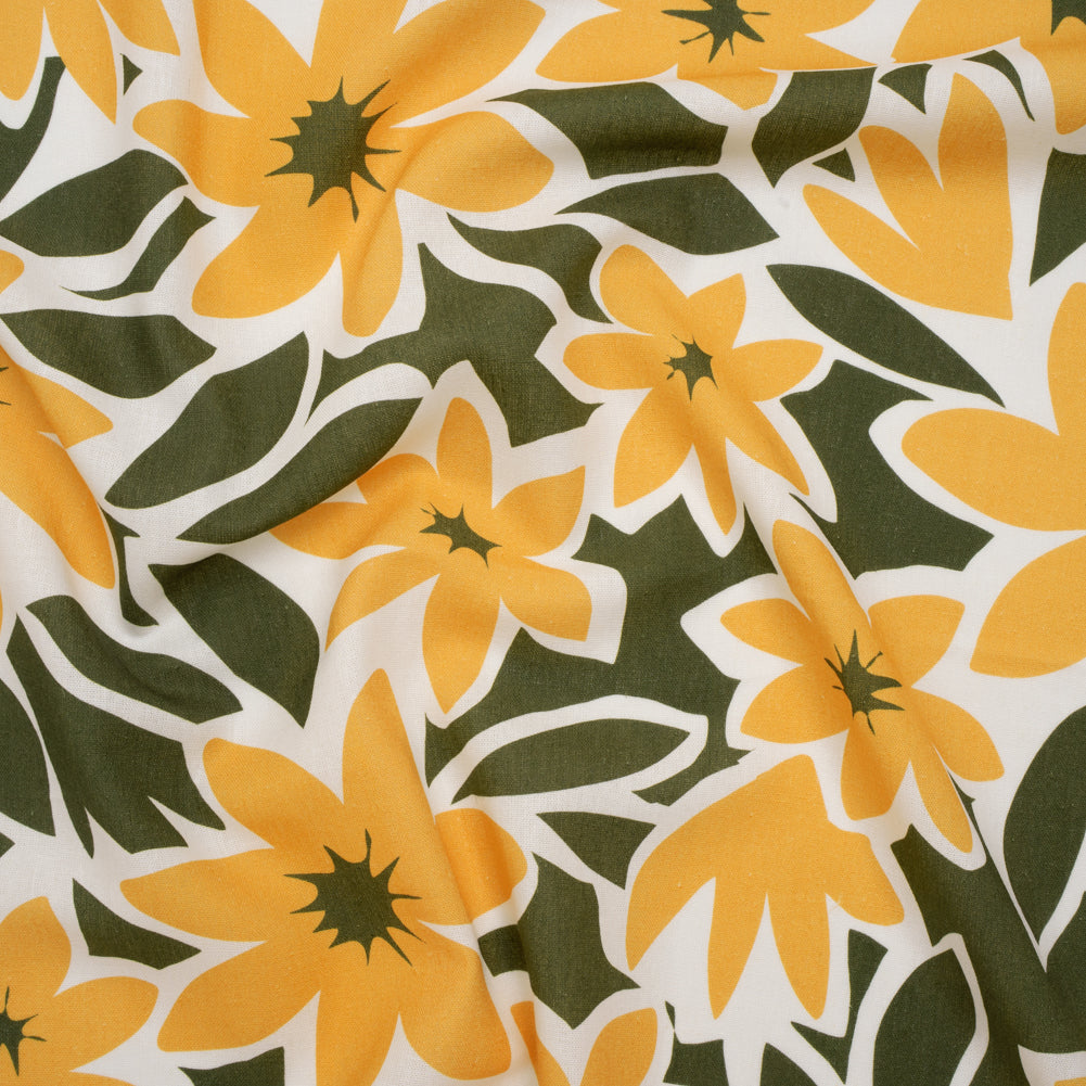 Linen and Rayon Woven - Sunny Yellow, Olive Green and White Flat Flowers - Mood Exclusive Flat Out Florals Print Linen and Rayon Woven - Sunny Yellow, Olive Green and White Flat Flowers - Mood Exclusive Flat Out Florals Print