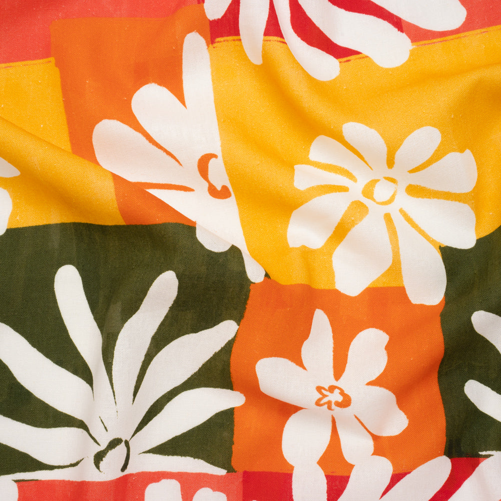 Linen and Rayon Woven - Dark Green, Red Orange and Yellow Floral Patchwork Blocks - Mood Exclusive Blooming Blocks Print Linen and Rayon Woven - Dark Green, Red Orange and Yellow Floral Patchwork Blocks - Mood Exclusive Blooming Blocks Print