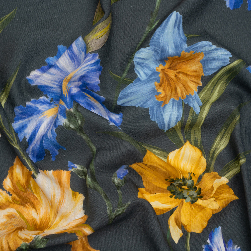 Linen and Rayon Woven - Charcoal, Blue and Goldenrod Yellow Painted Flowers - Mood Exclusive Spring Storm Print Linen and Rayon Woven - Charcoal, Blue and Goldenrod Yellow Painted Flowers - Mood Exclusive Spring Storm Print