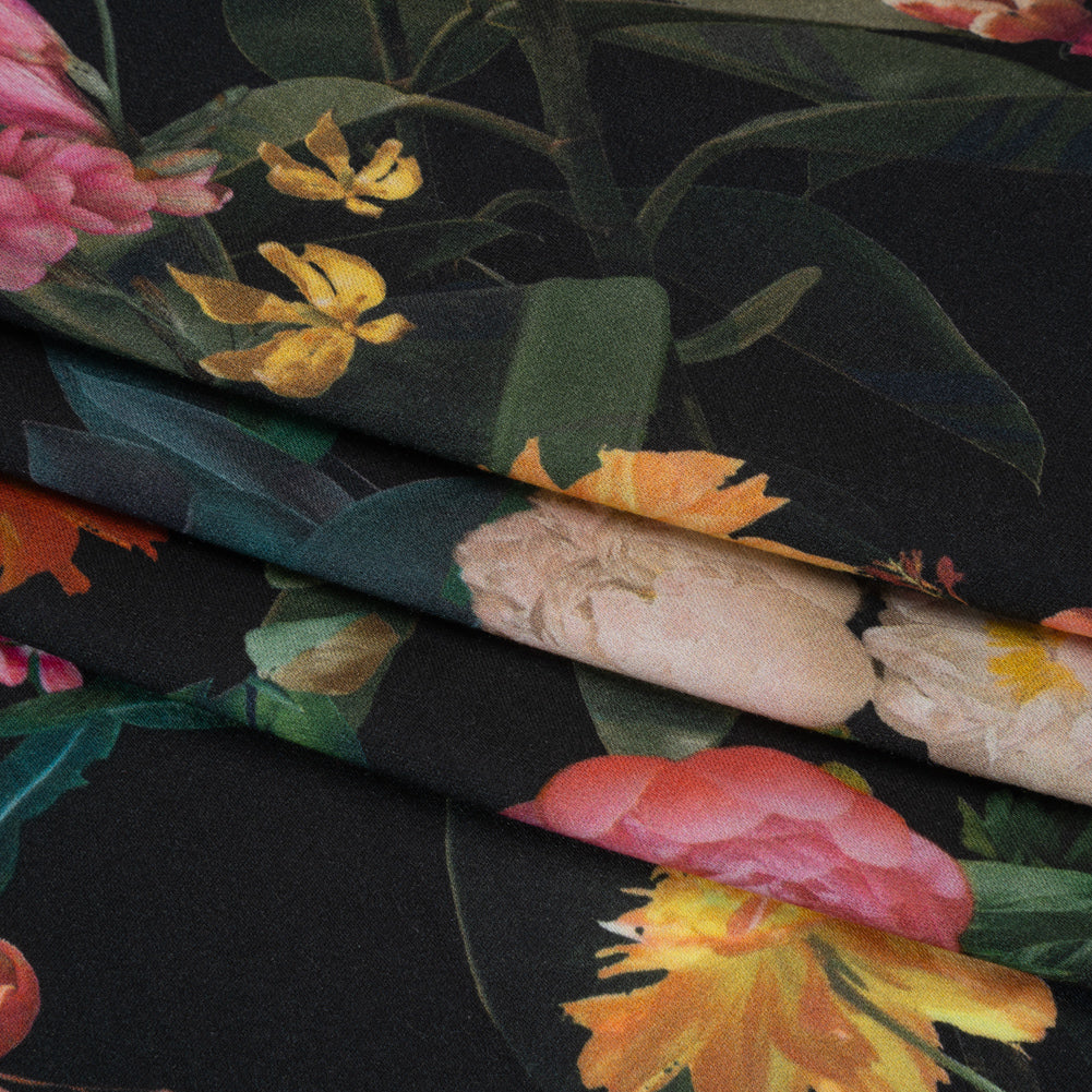 Rayon Challis - Black, Green and Orange Rainforest Flowers - Mood Exclusive Rainforest Reverie Print - Folded Rayon Challis - Black, Green and Orange Rainforest Flowers - Mood Exclusive Rainforest Reverie Print - Folded