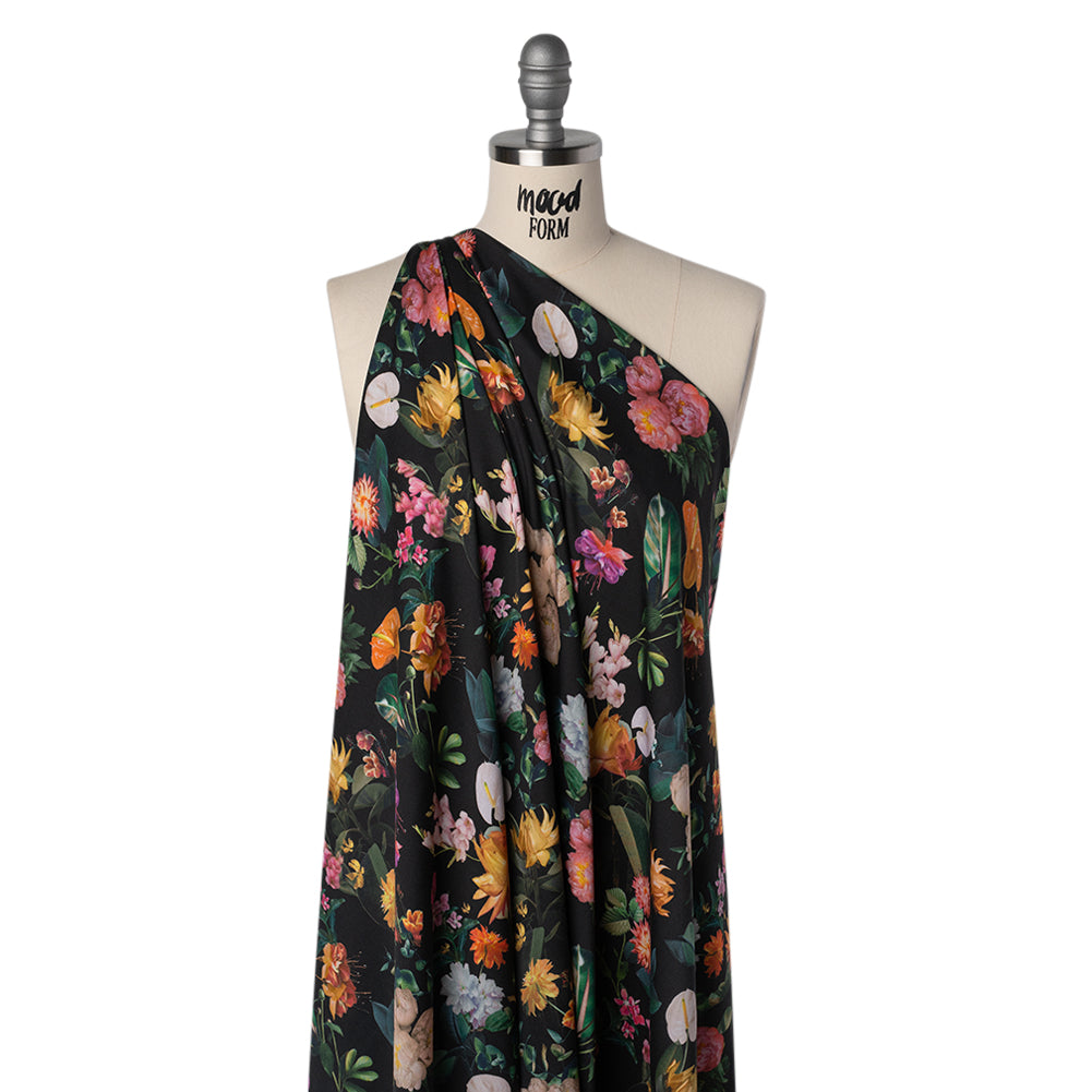 Rayon Challis - Black, Green and Orange Rainforest Flowers - Mood Exclusive Rainforest Reverie Print - Drape Rayon Challis - Black, Green and Orange Rainforest Flowers - Mood Exclusive Rainforest Reverie Print - Drape