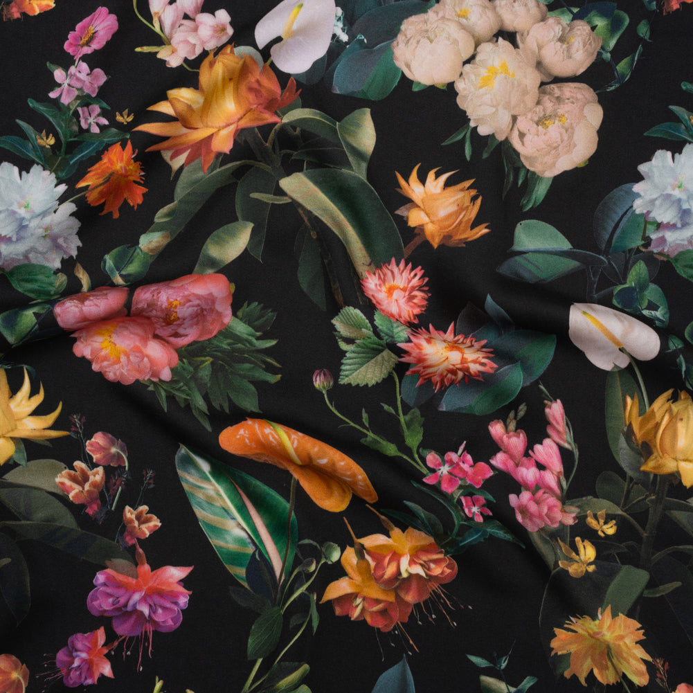 Rayon Challis - Black, Green and Orange Rainforest Flowers - Mood Exclusive Rainforest Reverie Print Rayon Challis - Black, Green and Orange Rainforest Flowers - Mood Exclusive Rainforest Reverie Print