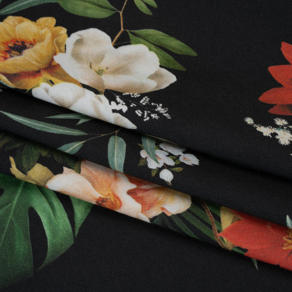 Rayon Challis - Red, Yellow and Green Tropical Flowers - Mood Exclusive Island Bloom Print Folded Rayon Challis - Red, Yellow and Green Tropical Flowers - Mood Exclusive Island Bloom Print Folded