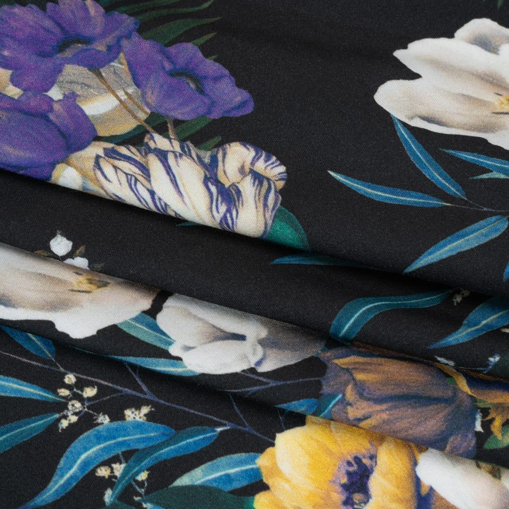 Rayon Challis - Blue, Purple and Yellow Tropical Flowers - Mood Exclusive Island Bloom Print Folded Rayon Challis - Blue, Purple and Yellow Tropical Flowers - Mood Exclusive Island Bloom Print Folded