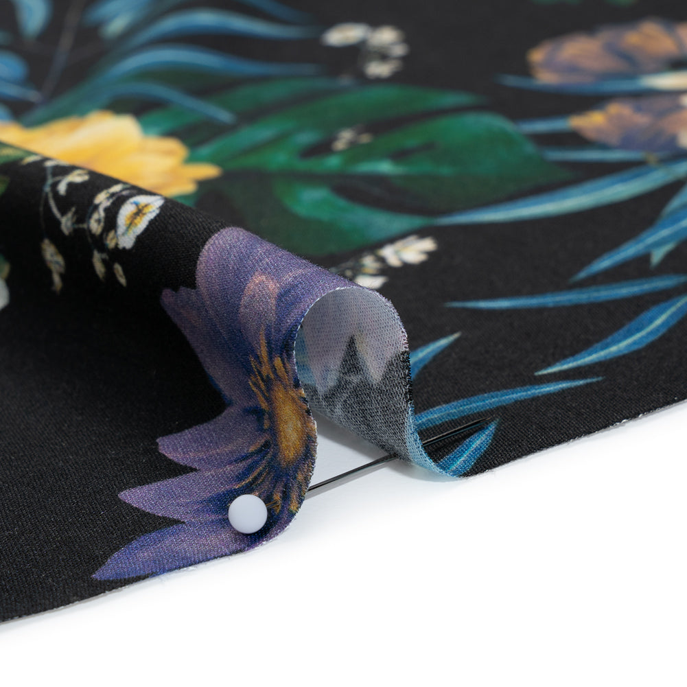 Rayon Challis - Blue, Purple and Yellow Tropical Flowers - Mood Exclusive Island Bloom Print Detail Rayon Challis - Blue, Purple and Yellow Tropical Flowers - Mood Exclusive Island Bloom Print Detail