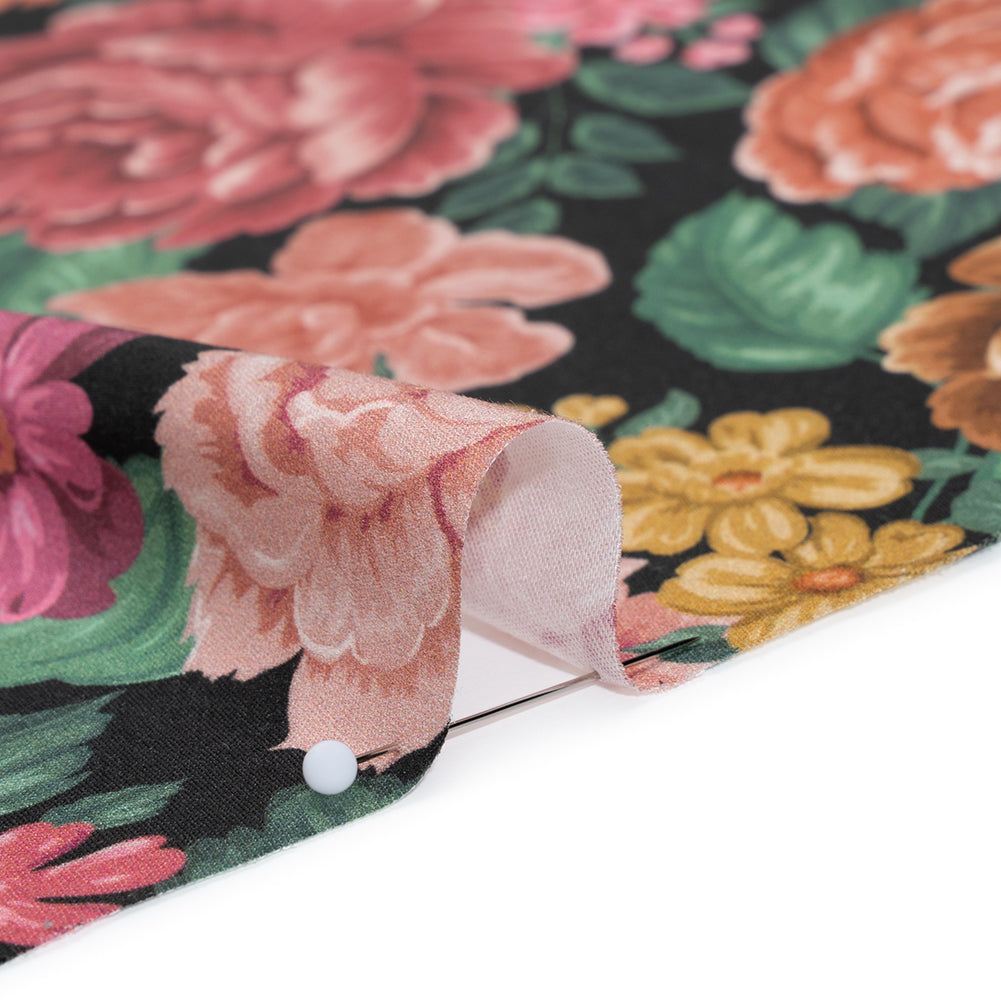 Rayon Challis - Coral Pink, Yellow and Green Flowers on Black - Mood Exclusive Midnight Garden Party Print - Detail Rayon Challis - Coral Pink, Yellow and Green Flowers on Black - Mood Exclusive Midnight Garden Party Print - Detail