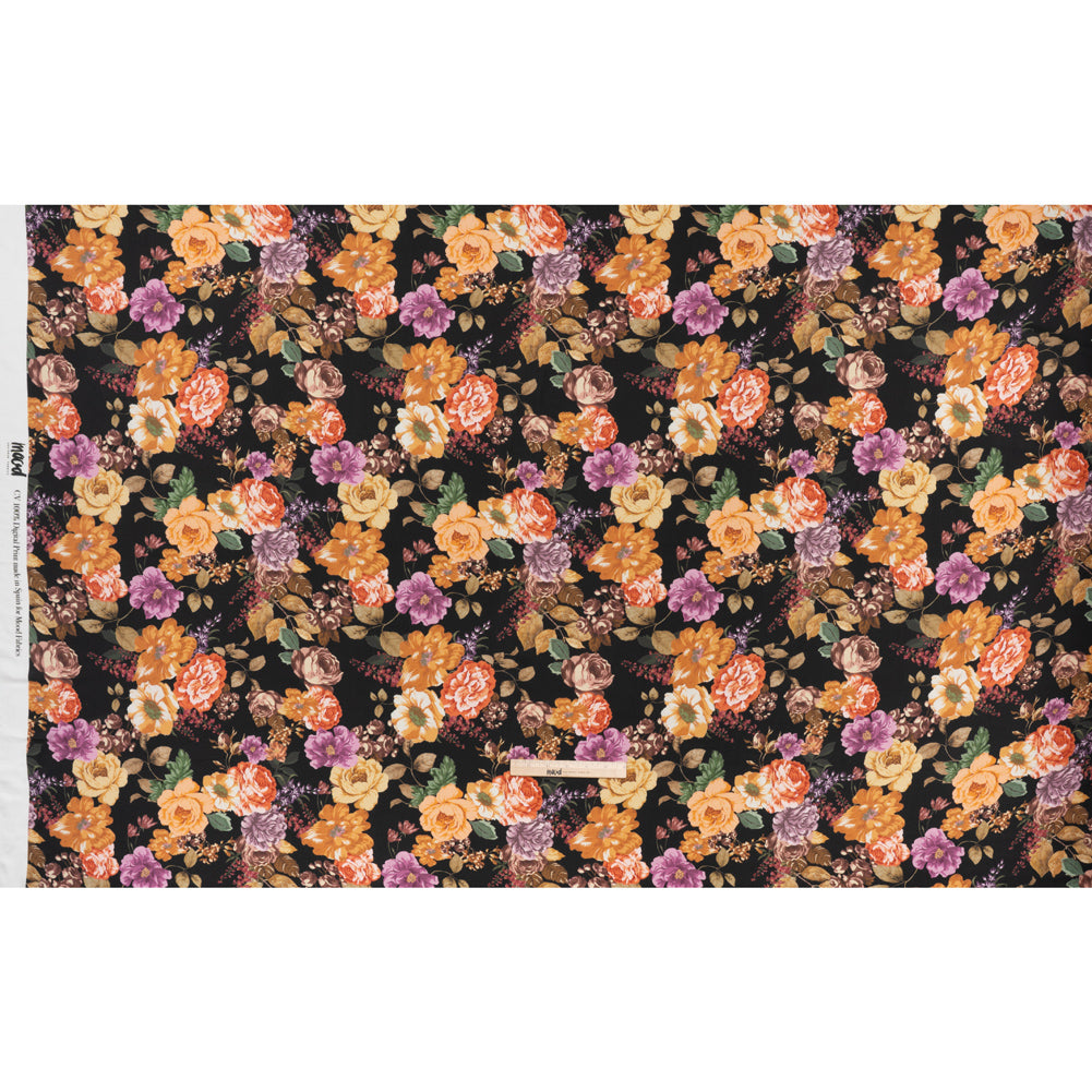 Rayon Challis - Orange, Pink and Black Floral - Mood Exclusive Floral Noir Print - Full Rayon Challis - Orange, Pink and Black Floral - Mood Exclusive Floral Noir Print - Full
