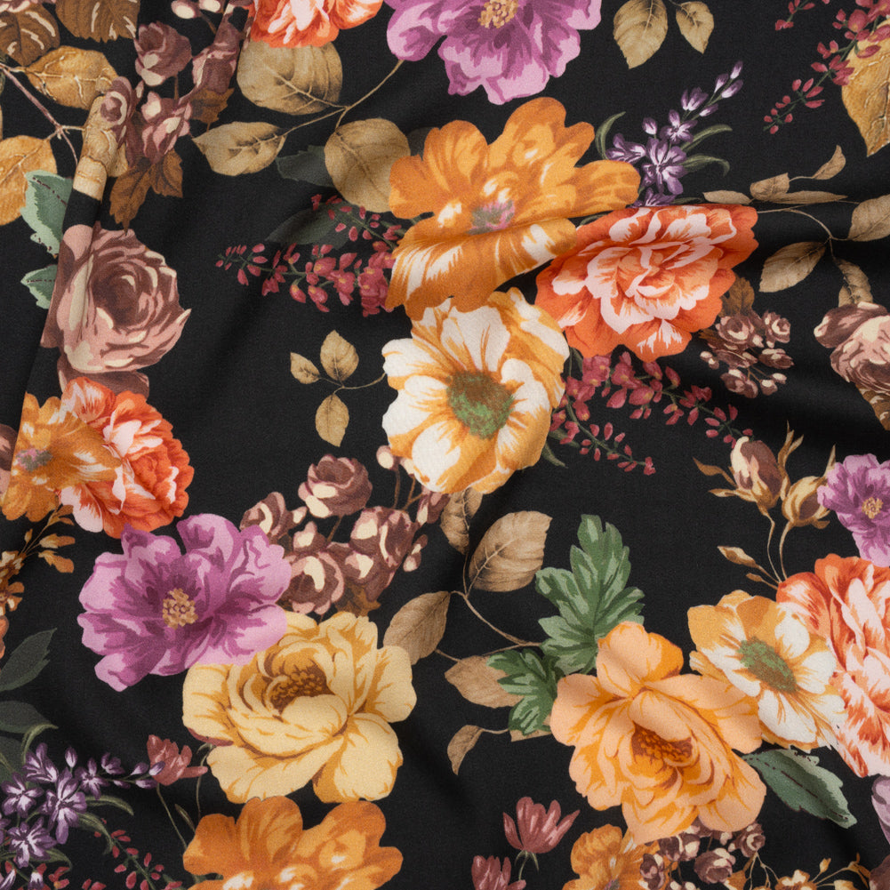 Rayon Challis - Orange, Pink and Black Floral - Mood Exclusive Floral Noir Print Rayon Challis - Orange, Pink and Black Floral - Mood Exclusive Floral Noir Print