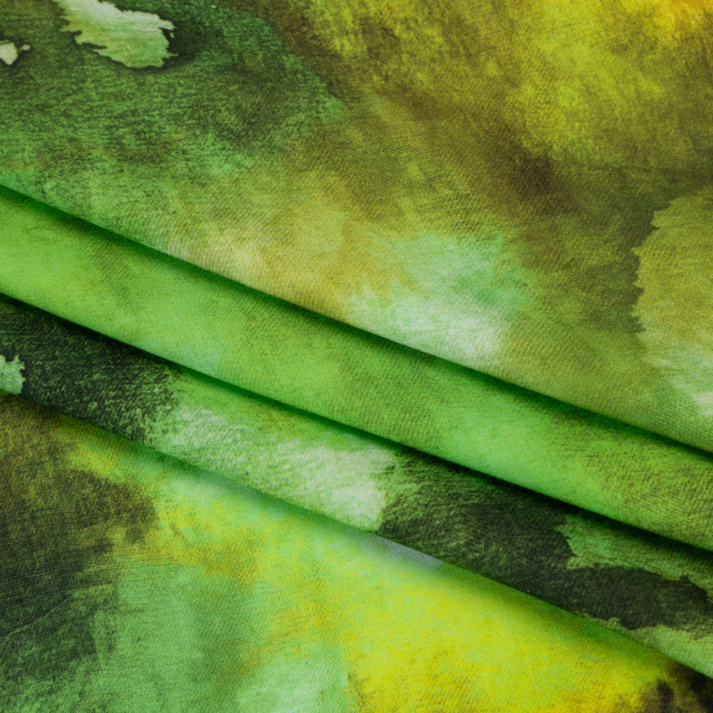 Rayon Challis - Lime Green, Sunny Orange and Olive Abstract Tie Dye - Mood Exclusive Pigment Pulse Print - Folded Rayon Challis - Lime Green, Sunny Orange and Olive Abstract Tie Dye - Mood Exclusive Pigment Pulse Print - Folded