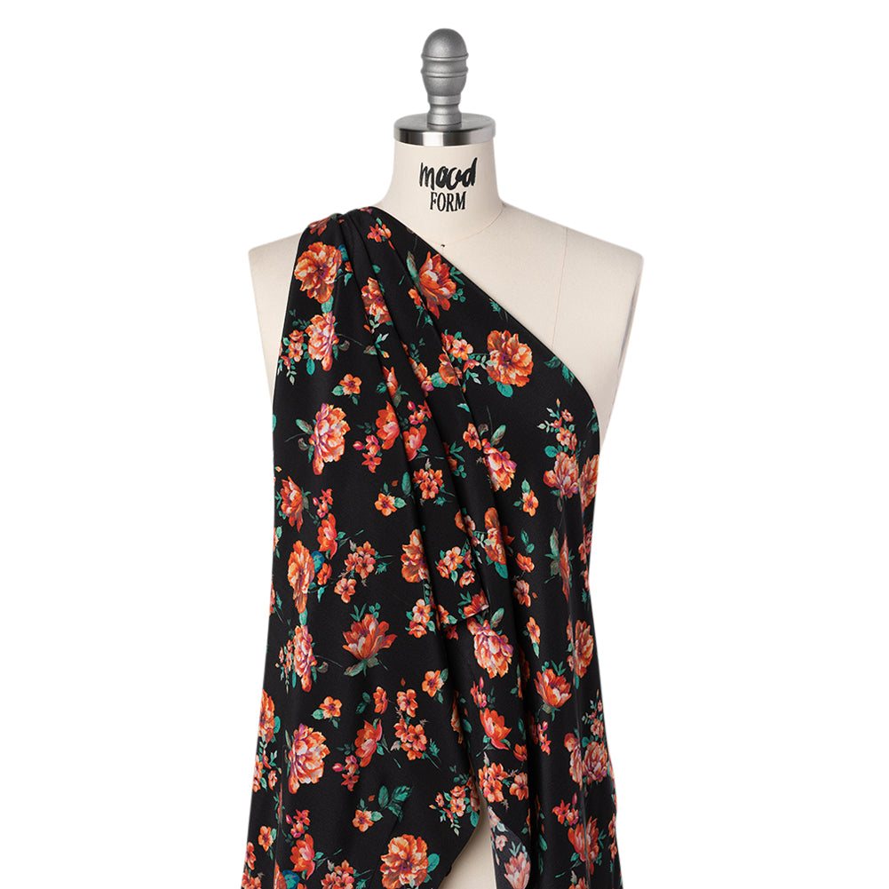 Silk Crepe de Chine Print Made in Italy - Black, Red and Green Scattered Flowers - Deadstock Silk Crepe de Chine Print Made in Italy - Black, Red and Green Scattered Flowers - Deadstock