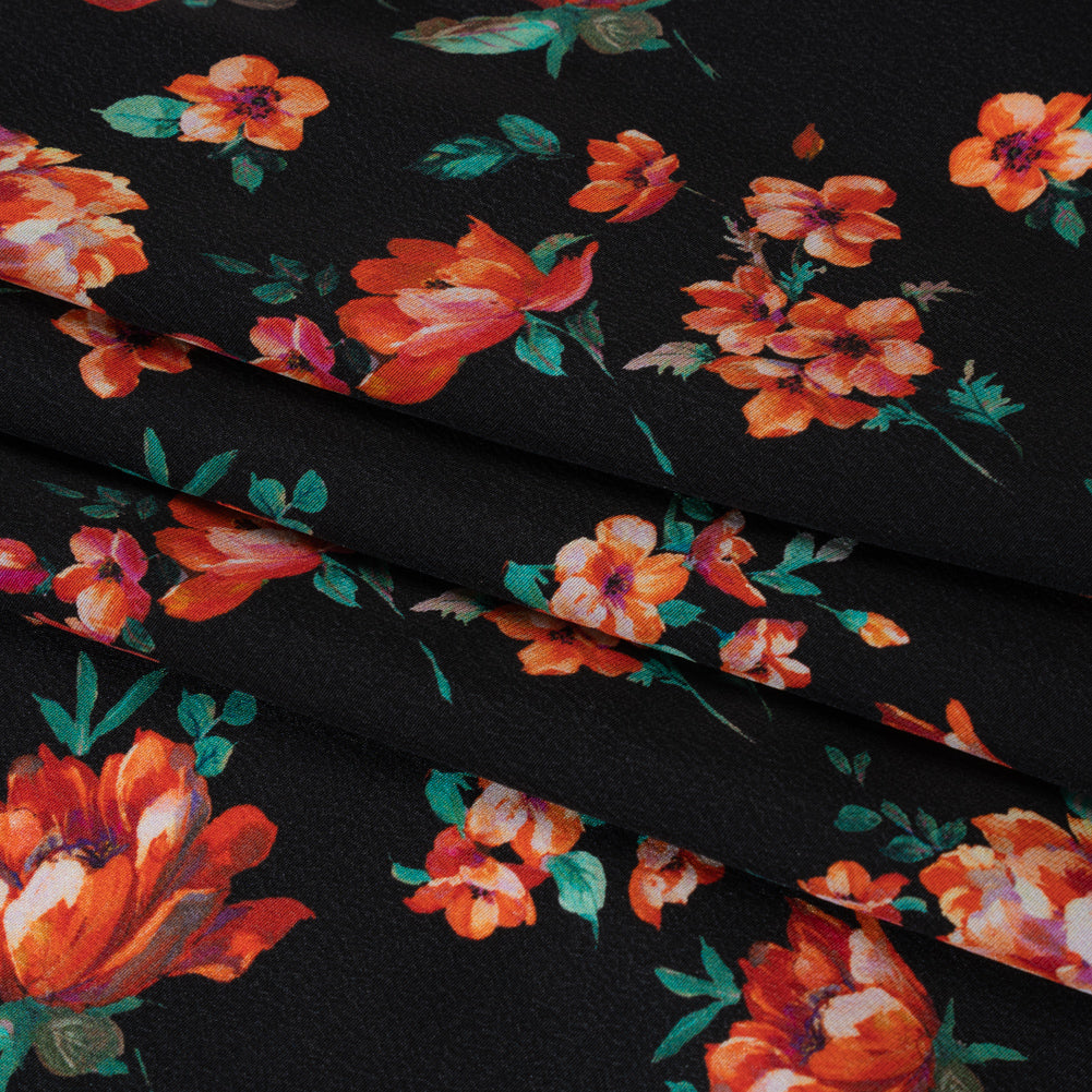 Silk Crepe de Chine Print Made in Italy - Black, Red and Green Scattered Flowers - Deadstock Silk Crepe de Chine Print Made in Italy - Black, Red and Green Scattered Flowers - Deadstock