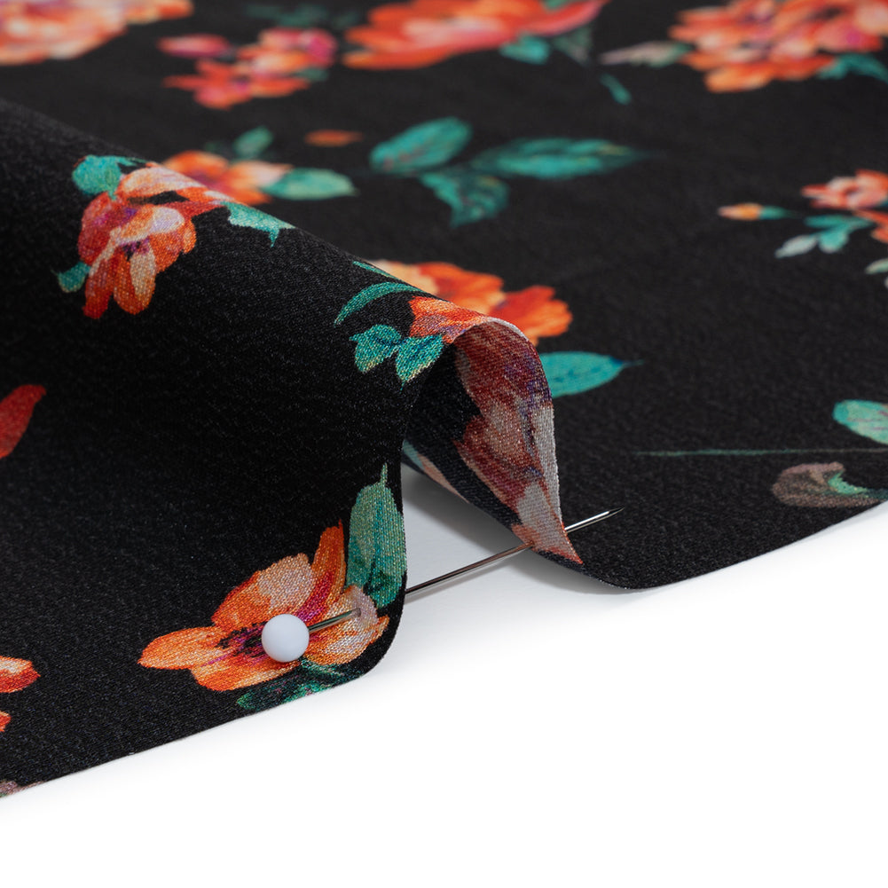 Silk Crepe de Chine Print Made in Italy - Black, Red and Green Scattered Flowers - Deadstock Silk Crepe de Chine Print Made in Italy - Black, Red and Green Scattered Flowers - Deadstock