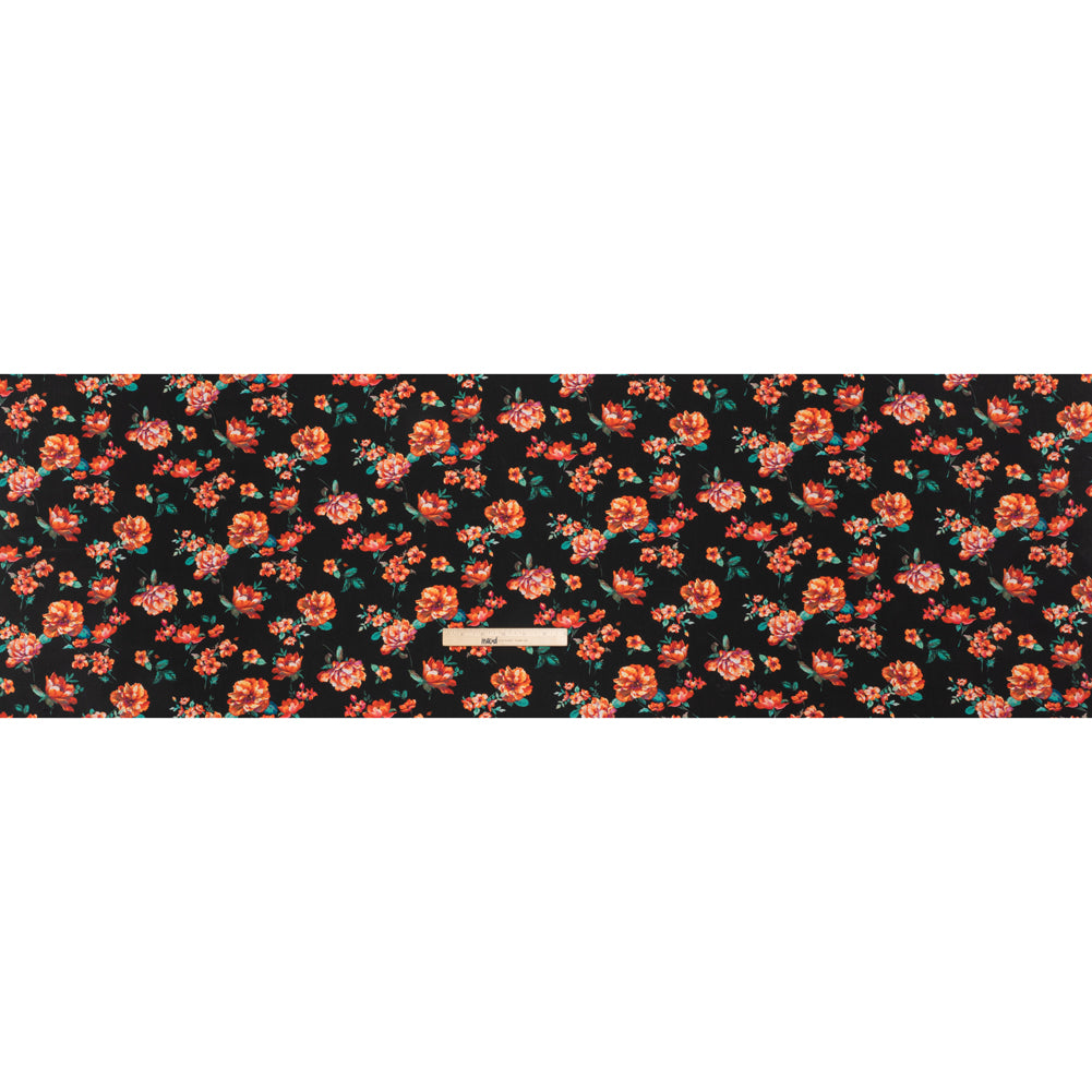Silk Crepe de Chine Print Made in Italy - Black, Red and Green Scattered Flowers - Deadstock Silk Crepe de Chine Print Made in Italy - Black, Red and Green Scattered Flowers - Deadstock