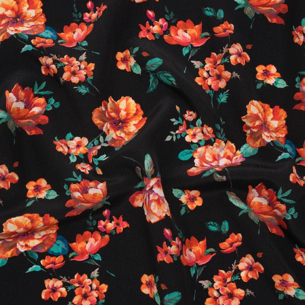 Silk Crepe de Chine Print Made in Italy - Black, Red and Green Scattered Flowers - Deadstock Silk Crepe de Chine Print Made in Italy - Black, Red and Green Scattered Flowers - Deadstock