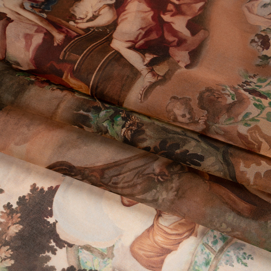 Silk Organza Print Made in Italy - Brown, Beige and Green Classical Scenes - Deadstock Silk Organza Print Made in Italy - Brown, Beige and Green Classical Scenes - Deadstock