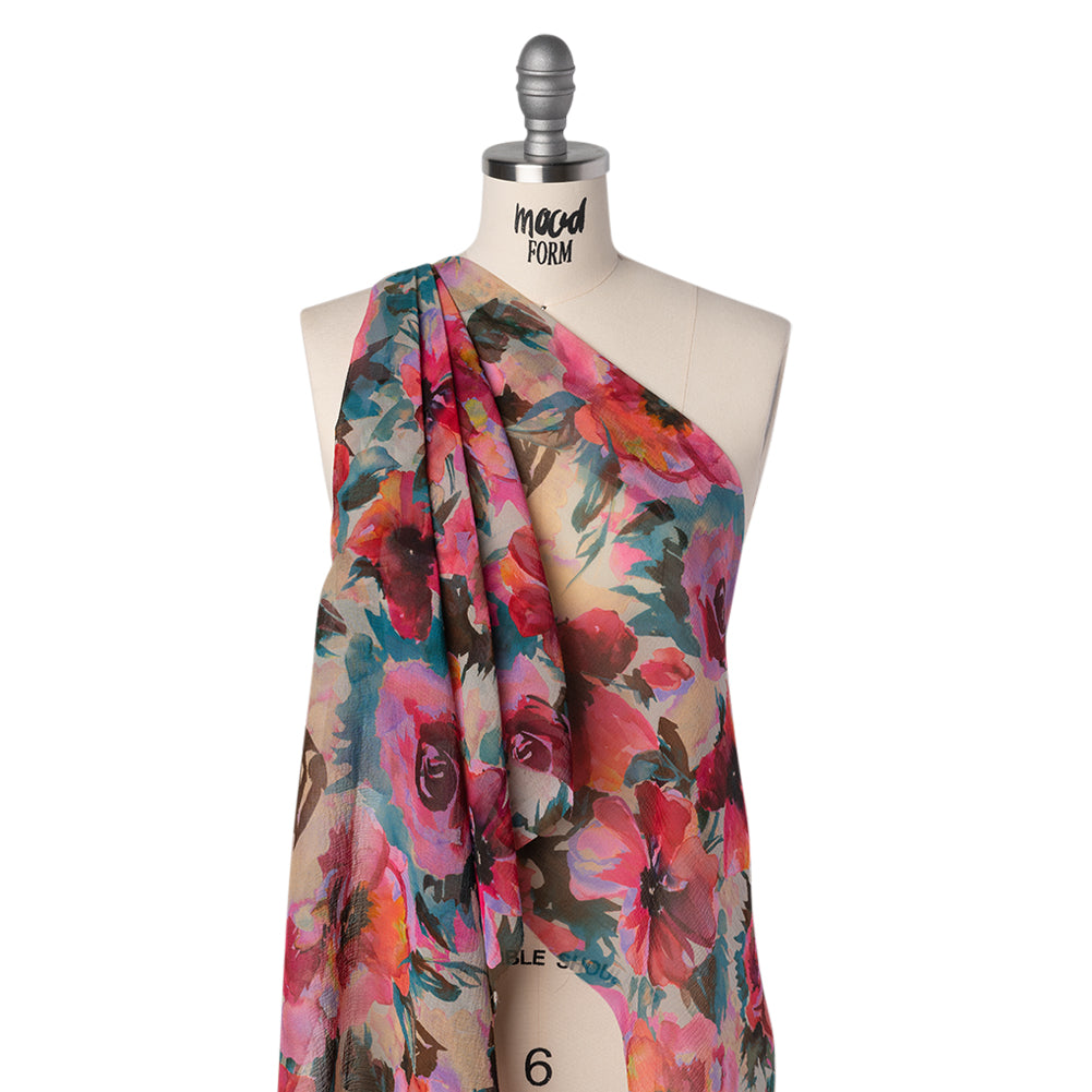 Silk Chiffon Print Made in Italy - Teal, Fuchsia and Peach Watercolor Blooms - Deadstock Silk Chiffon Print Made in Italy - Teal, Fuchsia and Peach Watercolor Blooms - Deadstock