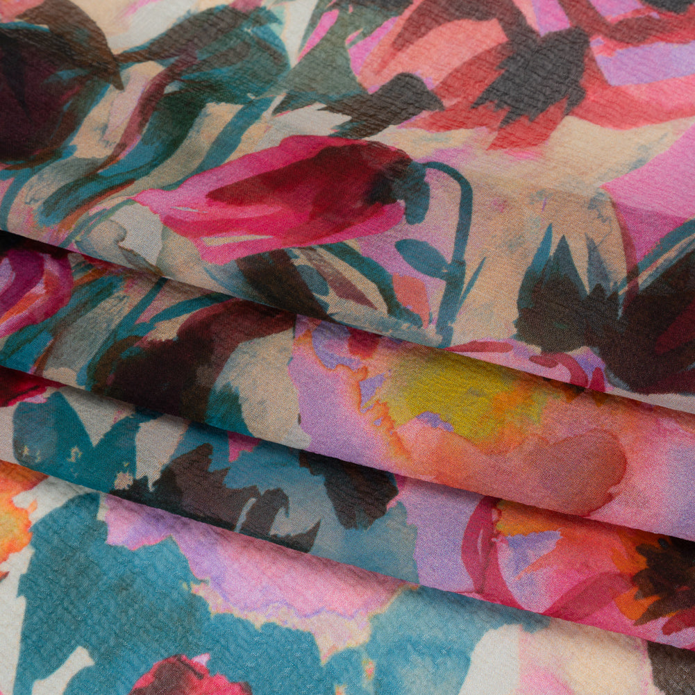 Silk Chiffon Print Made in Italy - Teal, Fuchsia and Peach Watercolor Blooms - Deadstock Silk Chiffon Print Made in Italy - Teal, Fuchsia and Peach Watercolor Blooms - Deadstock