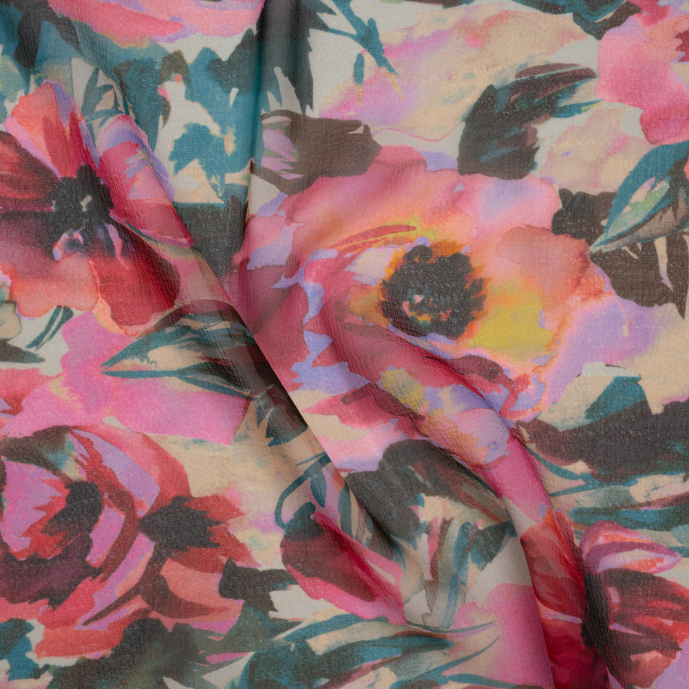 Silk Chiffon Print Made in Italy - Teal, Fuchsia and Peach Watercolor Blooms - Deadstock Silk Chiffon Print Made in Italy - Teal, Fuchsia and Peach Watercolor Blooms - Deadstock