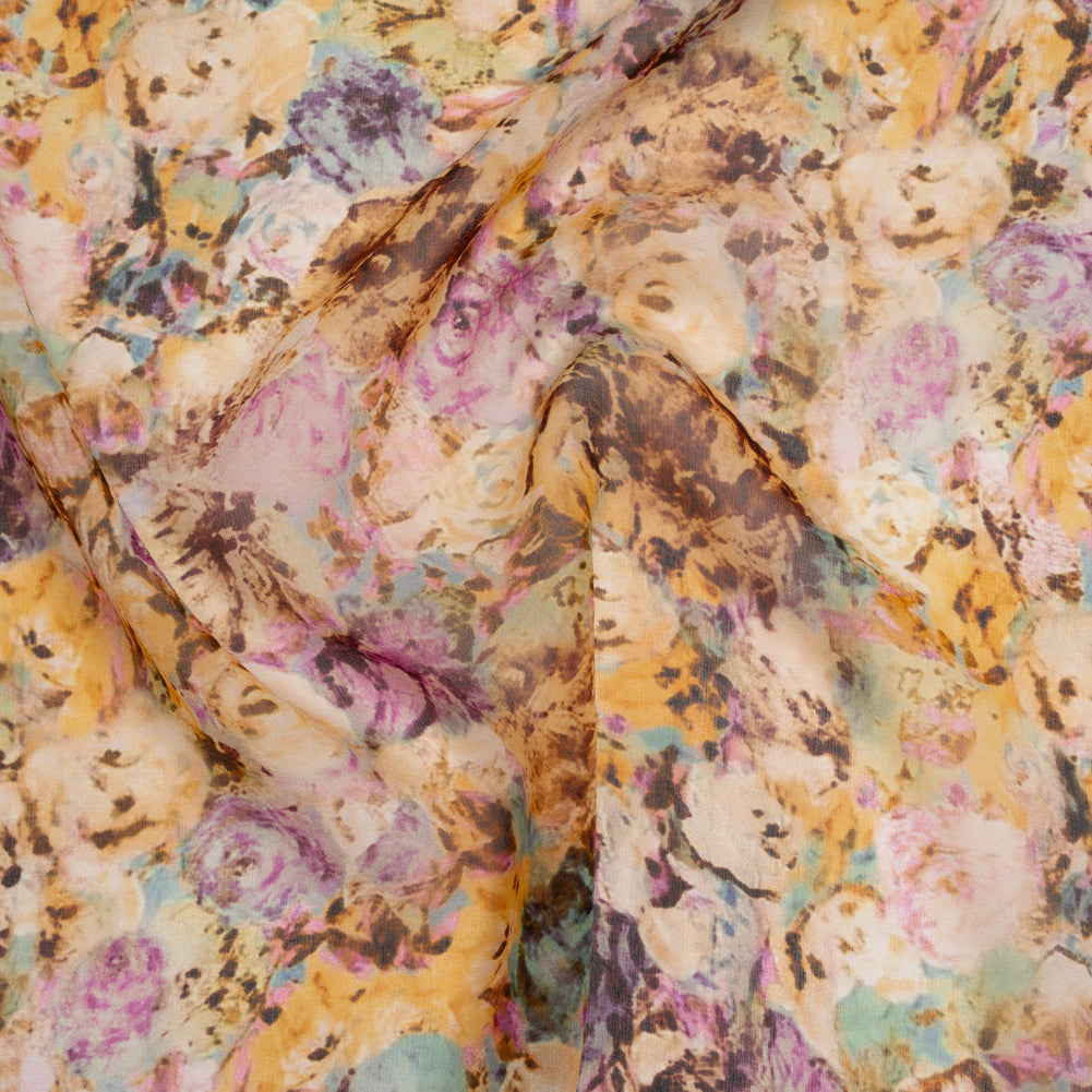 Silk Voile Print Made in Italy - Pink, Yellow and Brown Painterly Flowers - Deadstock Silk Voile Print Made in Italy - Pink, Yellow and Brown Painterly Flowers - Deadstock
