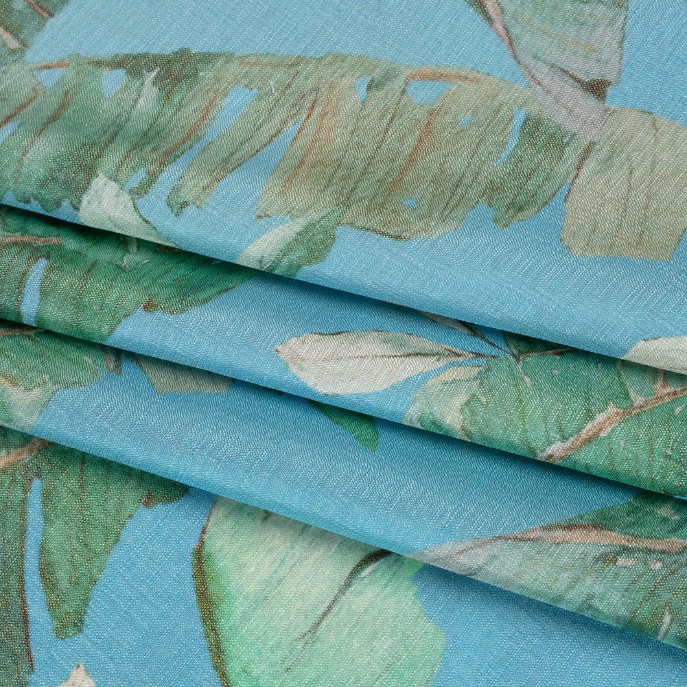 Textured Silk Woven Print Made in Italy - Sky Blue, Green and Beige Palm Leaves - Deadstock - Folded Textured Silk Woven Print Made in Italy - Sky Blue, Green and Beige Palm Leaves - Deadstock - Folded