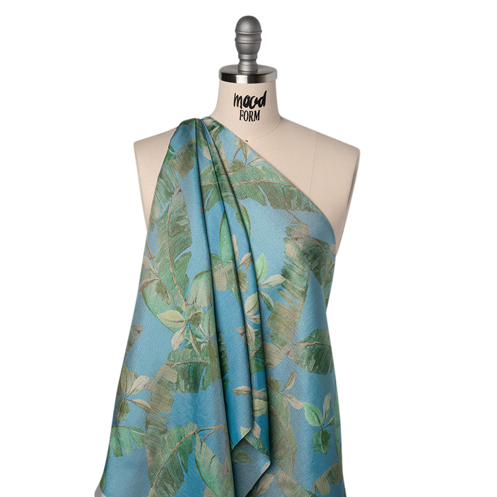 Textured Silk Woven Print Made in Italy - Sky Blue, Green and Beige Palm Leaves - Deadstock - Drape Textured Silk Woven Print Made in Italy - Sky Blue, Green and Beige Palm Leaves - Deadstock - Drape