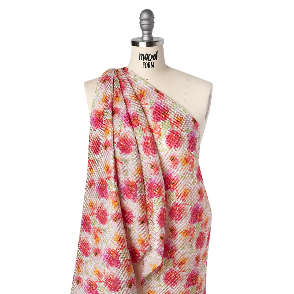 Ruched Silk Blend Striped Dobby Made in Italy - Hot Pink, Golden Yellow and Sage Green Soft Florals - Deadstock - Folded Ruched Silk Blend Striped Dobby Made in Italy - Hot Pink, Golden Yellow and Sage Green Soft Florals - Deadstock - Folded