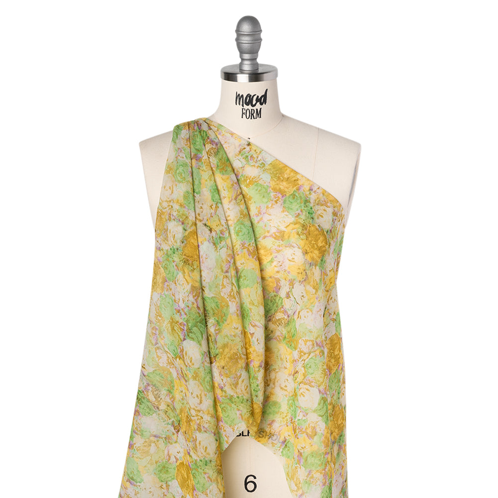 Silk Chiffon Print Made in Italy - Yellow, Green and Lilac Painterly Floral - Deadstock Folded Silk Chiffon Print Made in Italy - Yellow, Green and Lilac Painterly Floral - Deadstock Folded