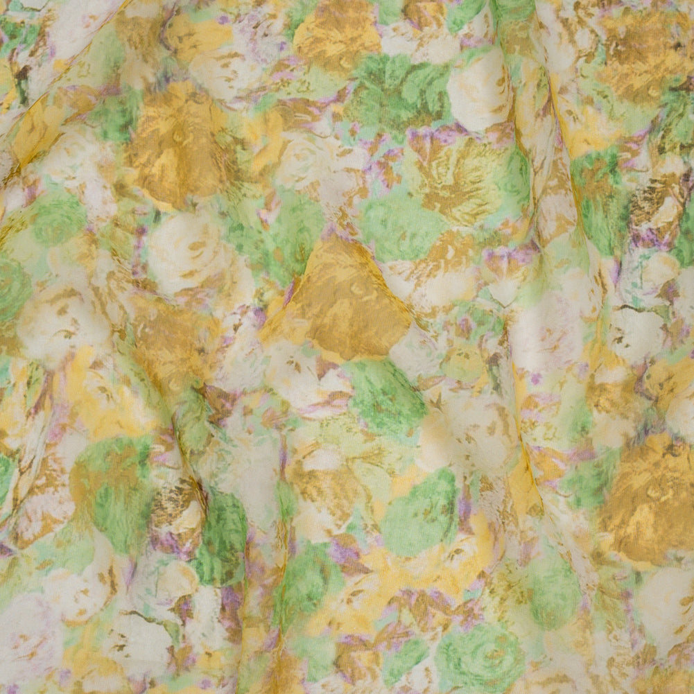 Silk Chiffon Print Made in Italy - Yellow, Green and Lilac Painterly Floral - Deadstock Drape Silk Chiffon Print Made in Italy - Yellow, Green and Lilac Painterly Floral - Deadstock Drape