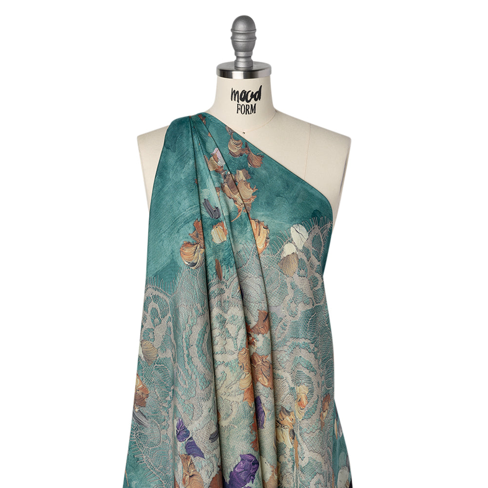 Silk Crepe de Chine Panel Made in Italy - Teal, Off White and Burnt Orange Impasto Flower Petals and Old Lace - Deadstock Silk Crepe de Chine Panel Made in Italy - Teal, Off White and Burnt Orange Impasto Flower Petals and Old Lace - Deadstock