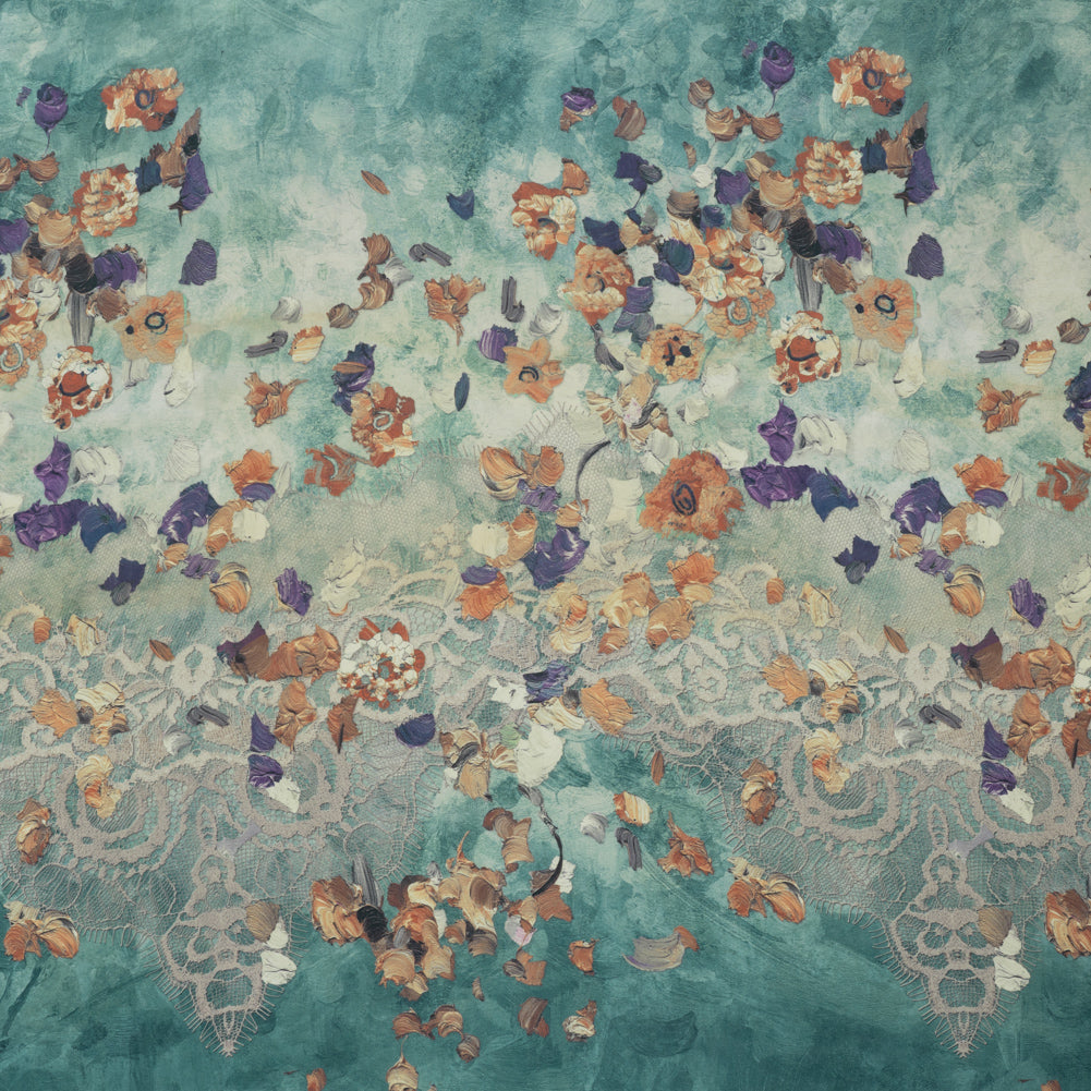 Silk Crepe de Chine Panel Made in Italy - Teal, Off White and Burnt Orange Impasto Flower Petals and Old Lace - Deadstock Silk Crepe de Chine Panel Made in Italy - Teal, Off White and Burnt Orange Impasto Flower Petals and Old Lace - Deadstock