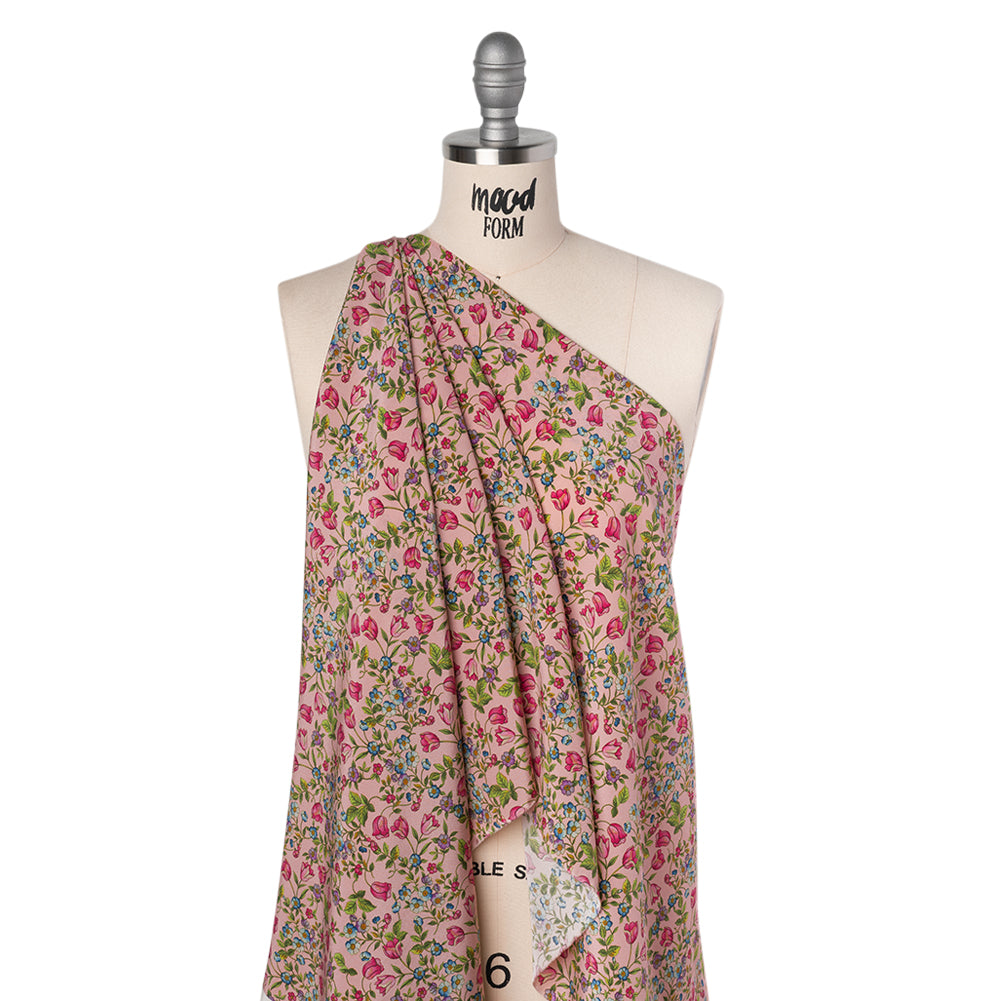 Silk Crepe de Chine Print Made in Italy - Pink, Sky Blue and Green Little Flowers - Deadstock - Folded Silk Crepe de Chine Print Made in Italy - Pink, Sky Blue and Green Little Flowers - Deadstock - Folded