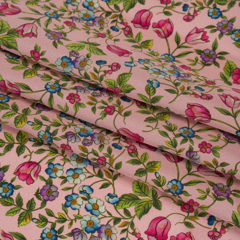 Silk Crepe de Chine Print Made in Italy - Pink, Sky Blue and Green Little Flowers - Deadstock - Detail Silk Crepe de Chine Print Made in Italy - Pink, Sky Blue and Green Little Flowers - Deadstock - Detail